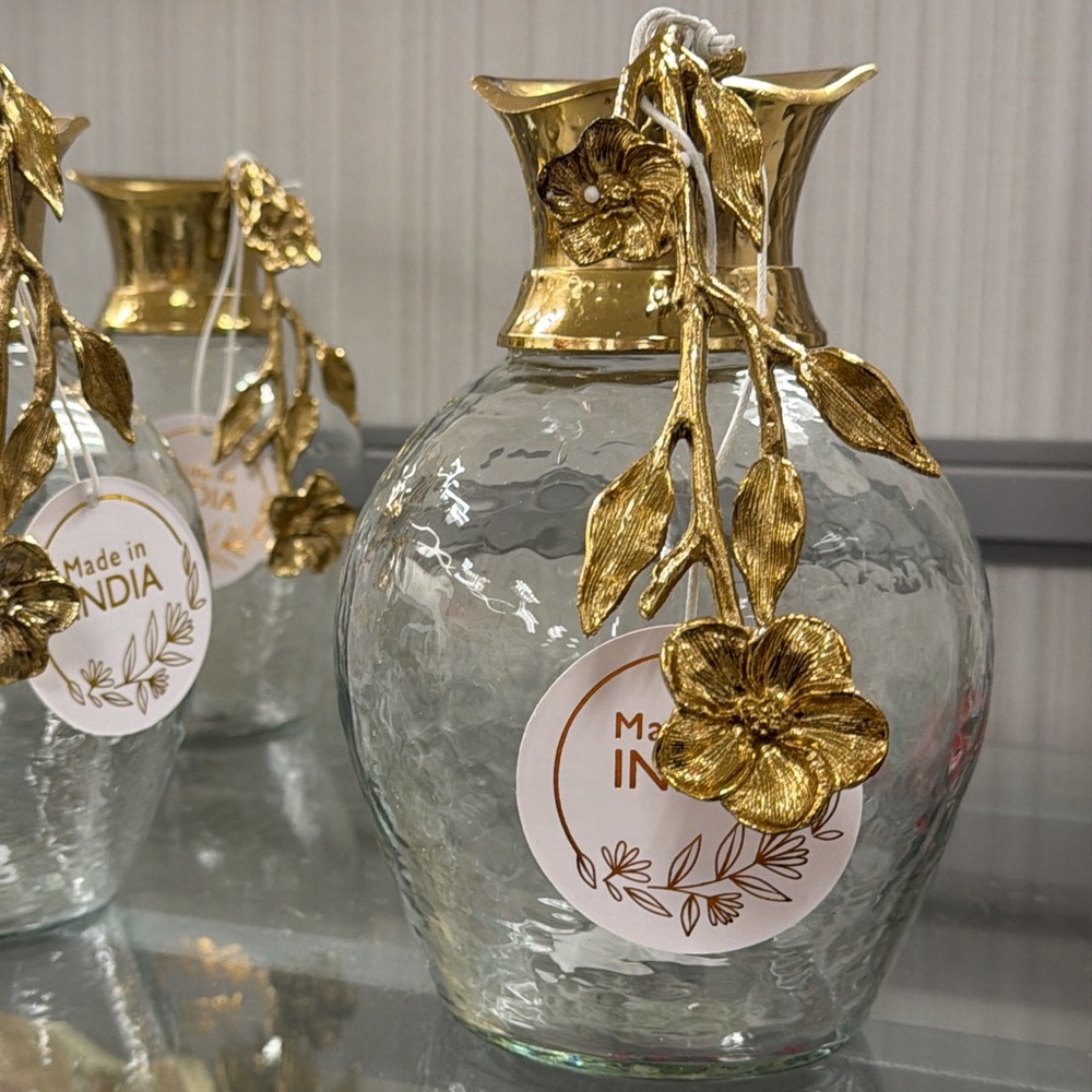 Made in India Glass Vase with Gold Floral Accent